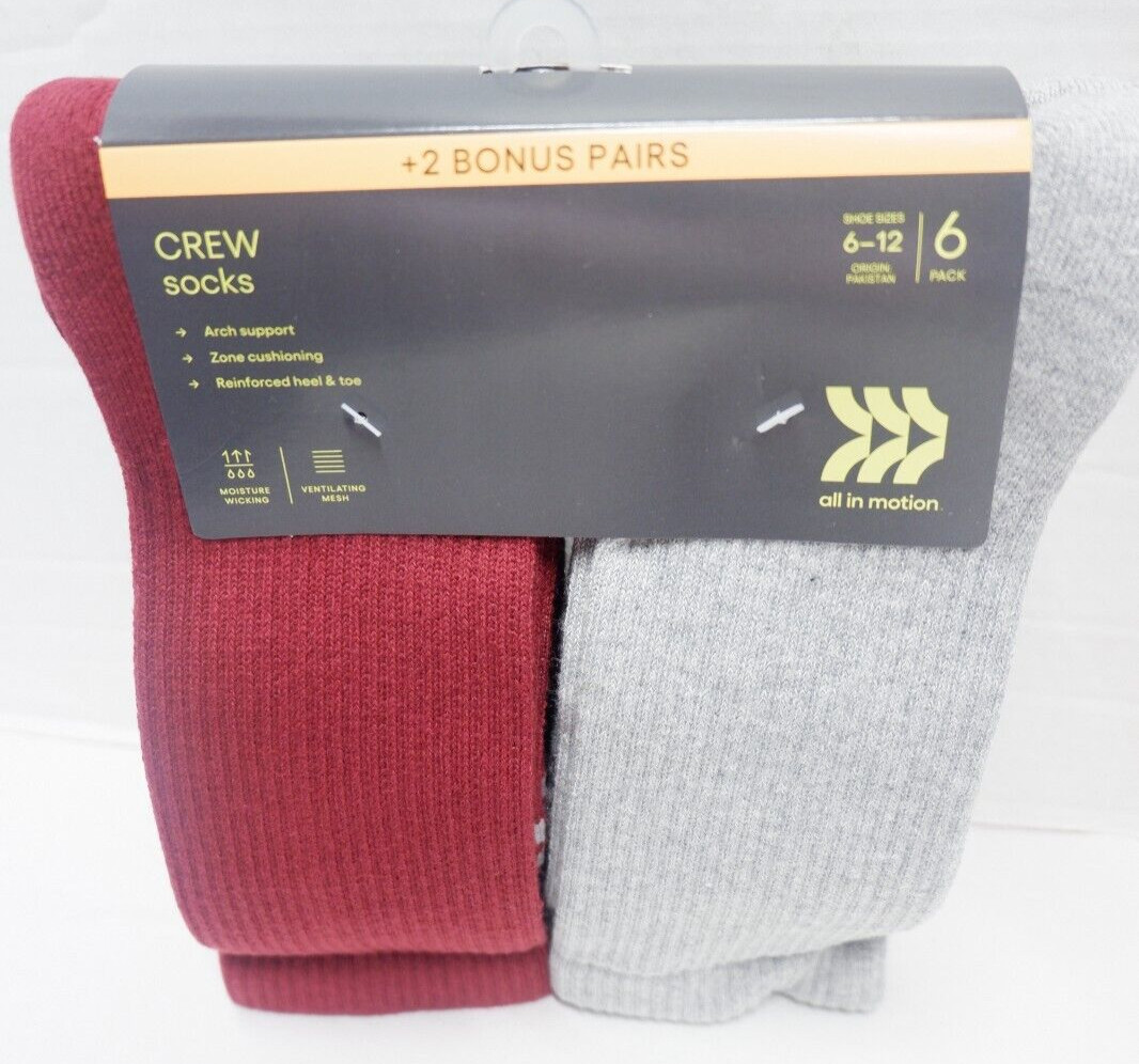 All In Motion 8 Pack Crew Socks-Size 6-12, Moisture Wicking