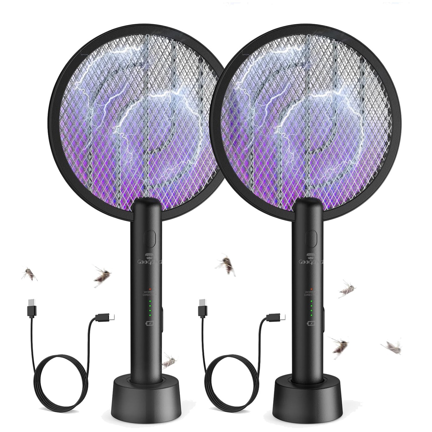 2 Mode Electric Fly Zapper Racket, USB Rechargeable - 2 Pack