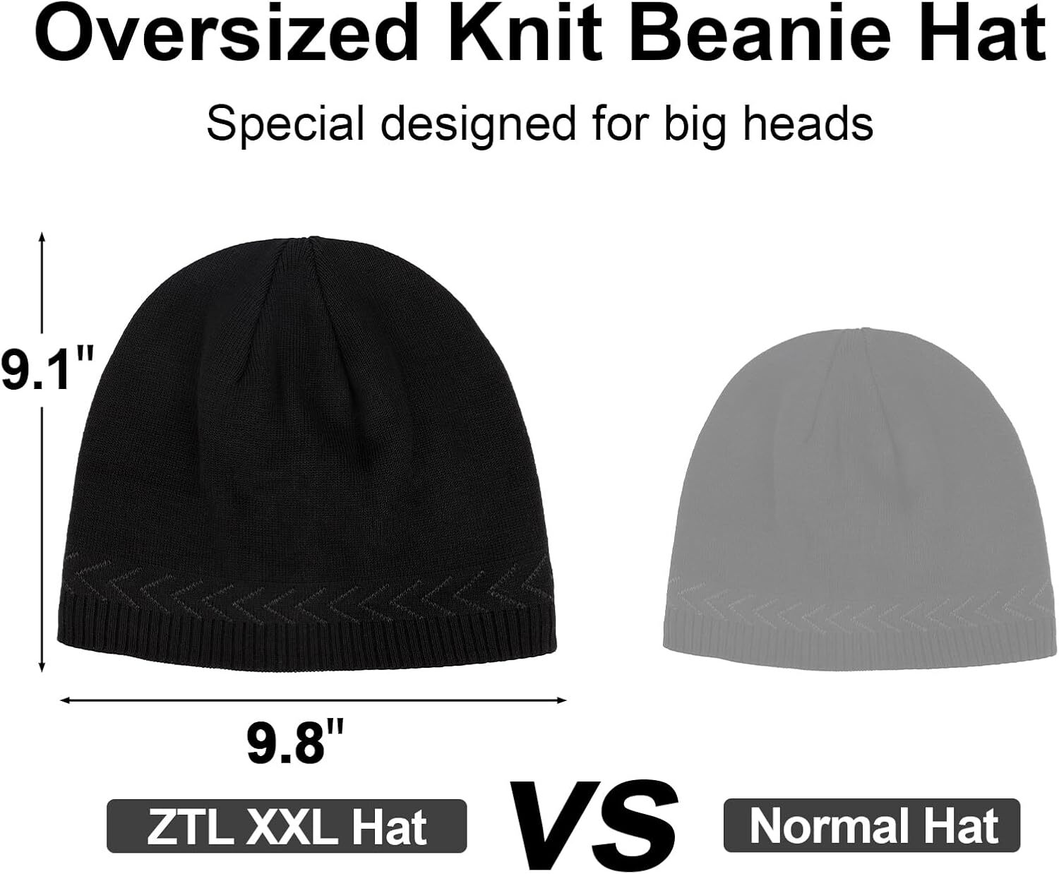 Oversize XXL Beanie Hat for Big Heads 23.6"-25.6", Large XX-Large, Black