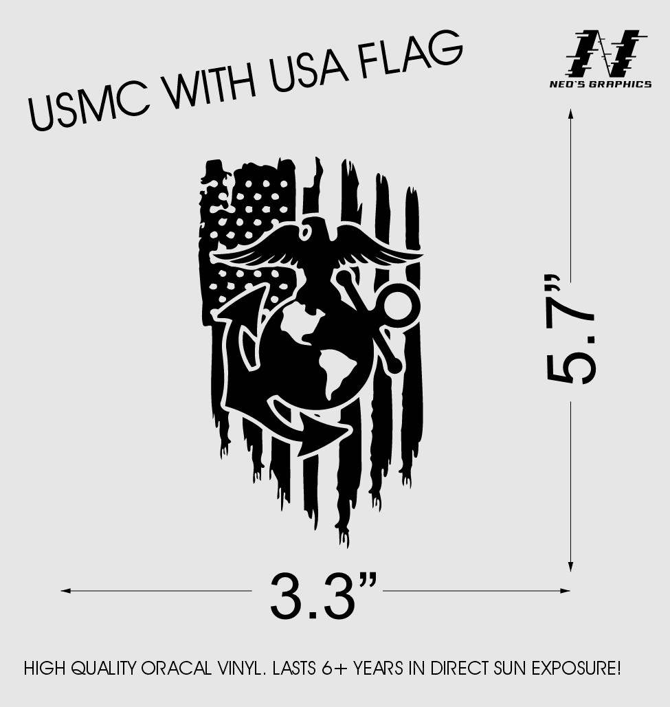 USMC United States Marine Corps with USA Flag Custom Military Decal Sticker Cool