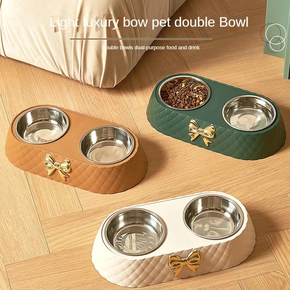 Pet Supply Bow-tie Bowknot Cat Food Bowl PP Base Dog Bowl Stainless Steel Double