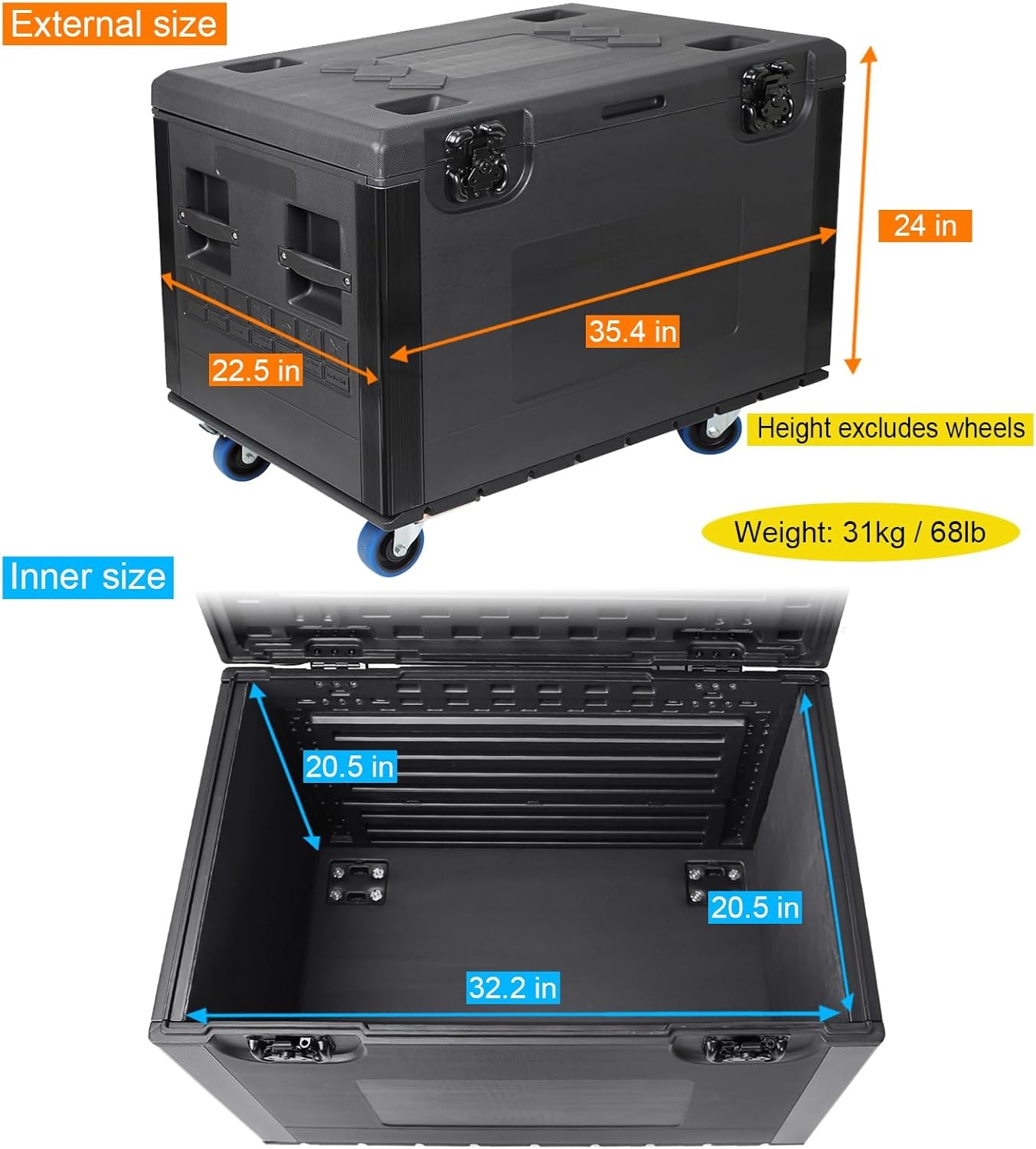 Cable Trunk ATA Road Case Utility Road Trunk Flight Case w/ Wheels for Pro Audio