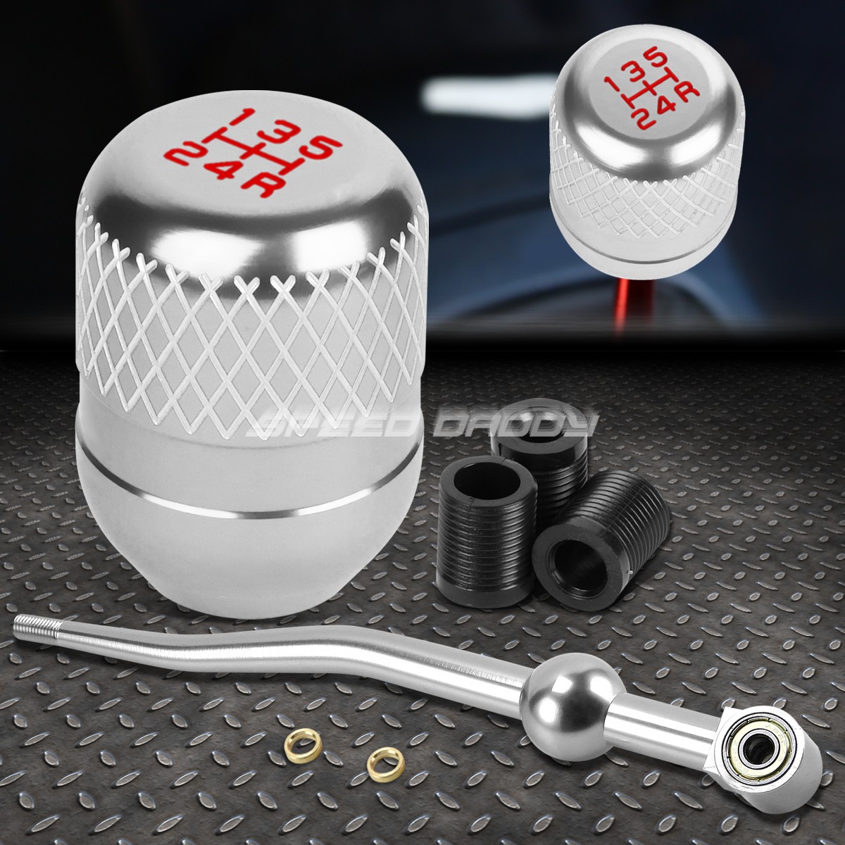 SILVER ALUMINUM DUAL BEND SHORT SHIFTER+SILVER 5-SPEED NETTED KNOB FOR EK/EJ/EG