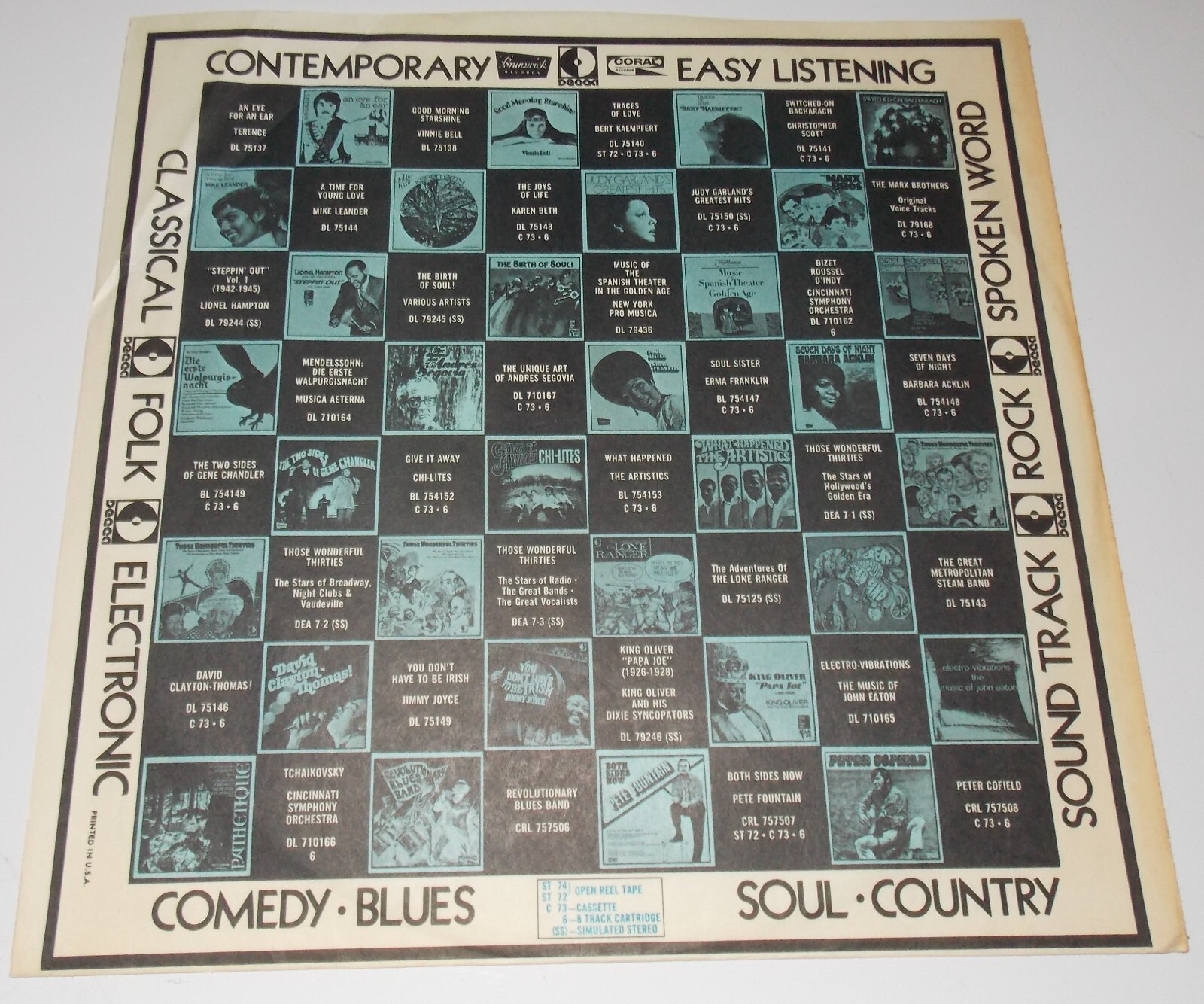 ORIGINAL VINTAGE CORAL DECCA BRUNSWICK RECORDS 12" 33 1/3 LP INNER SLEEVE ONLY