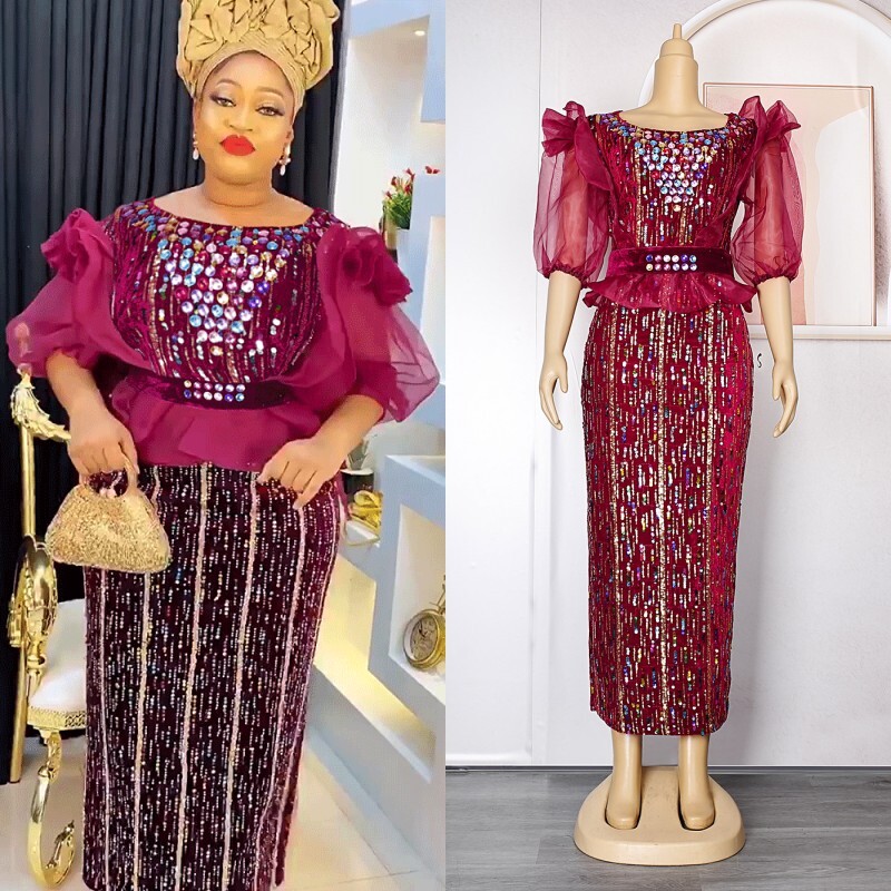 Luxury African Women Party Sequin Dresses Plus Size Kaftan Dashiki Nigerian Gown