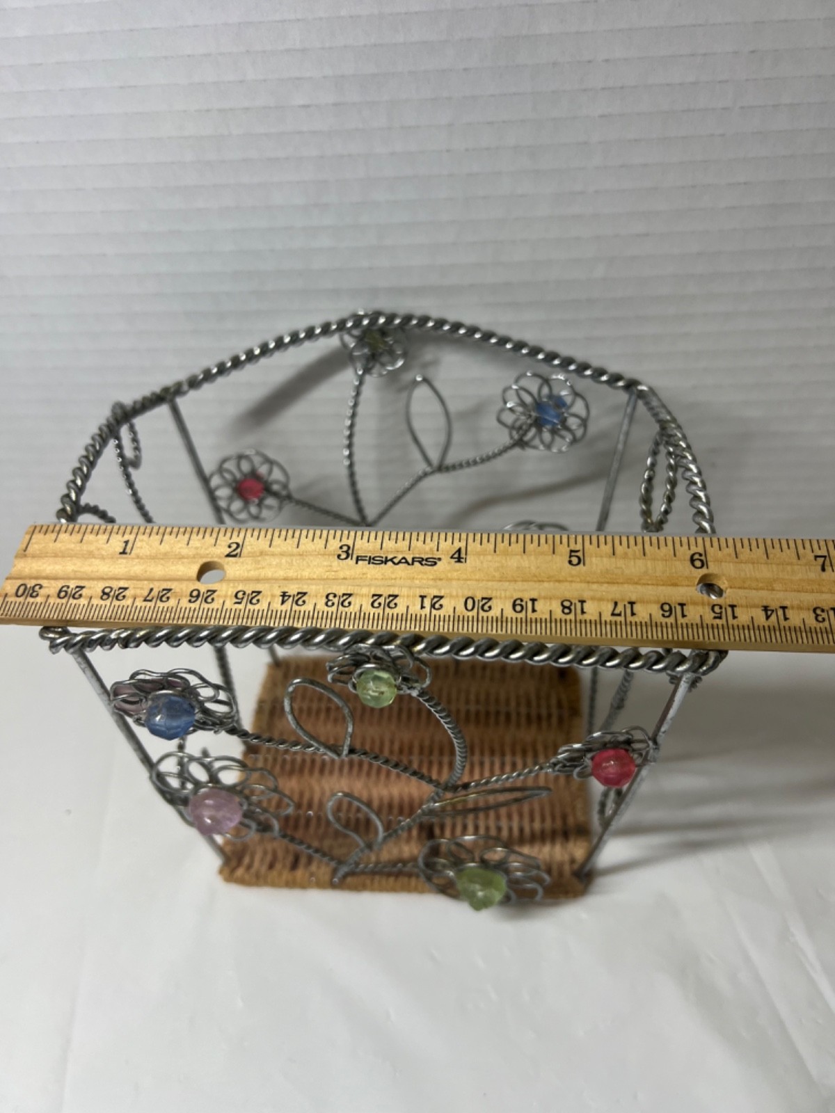 wire basket with flower design and colored beads 5 in x 6 in