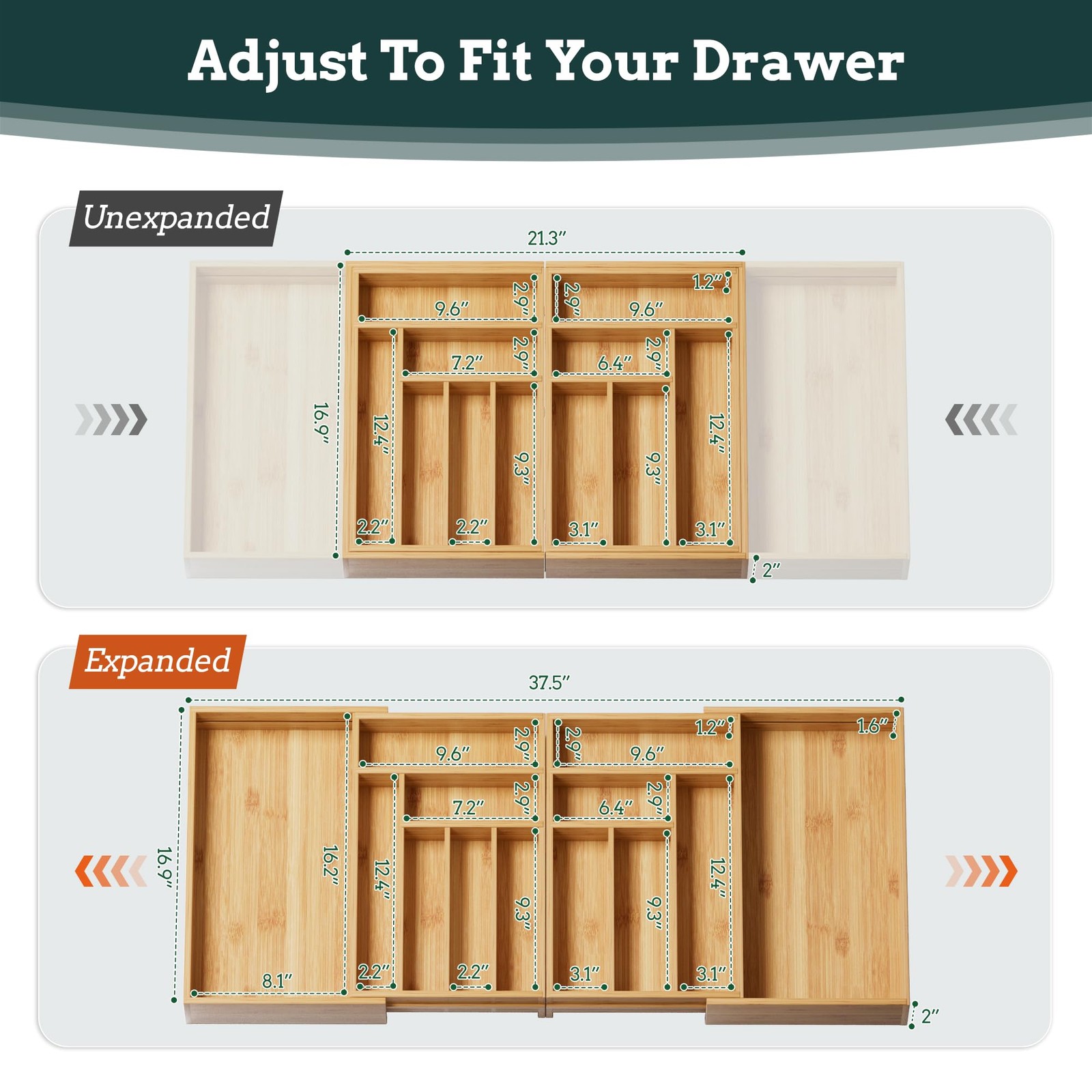 Silverware Organizer Large, Magnetic Connected Expandable 13 Slots, Natural