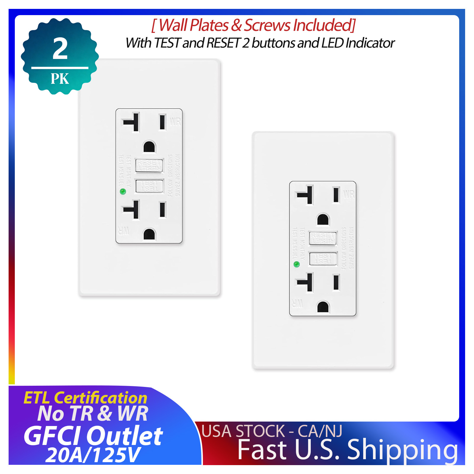 2 PK GFCI 20A Outlet Non-TR, Decor Receptacle with LED Indicator, ETL Certified