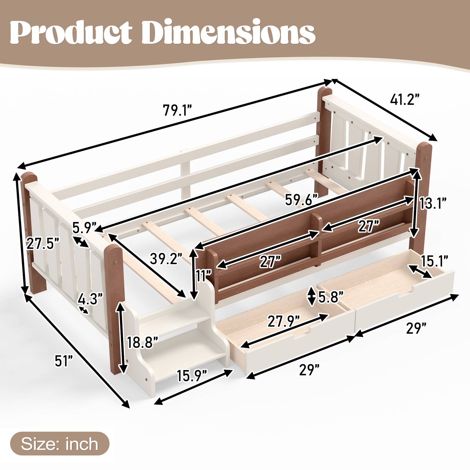FUNIDEE Twin Size Floor Bed Plarform Bed Frame with Drawers and Bookcases Beige