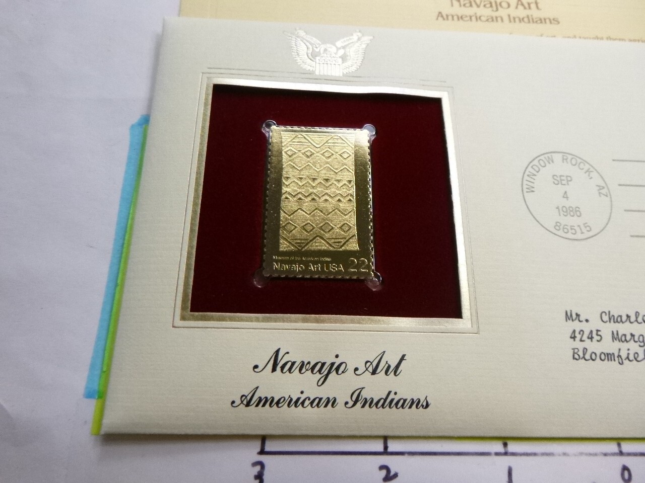NAVAJO ART AMERICAN INDIANS RARE IST DAY ISSUE 1986 USPS 22KT GOLD STAMP SET D2