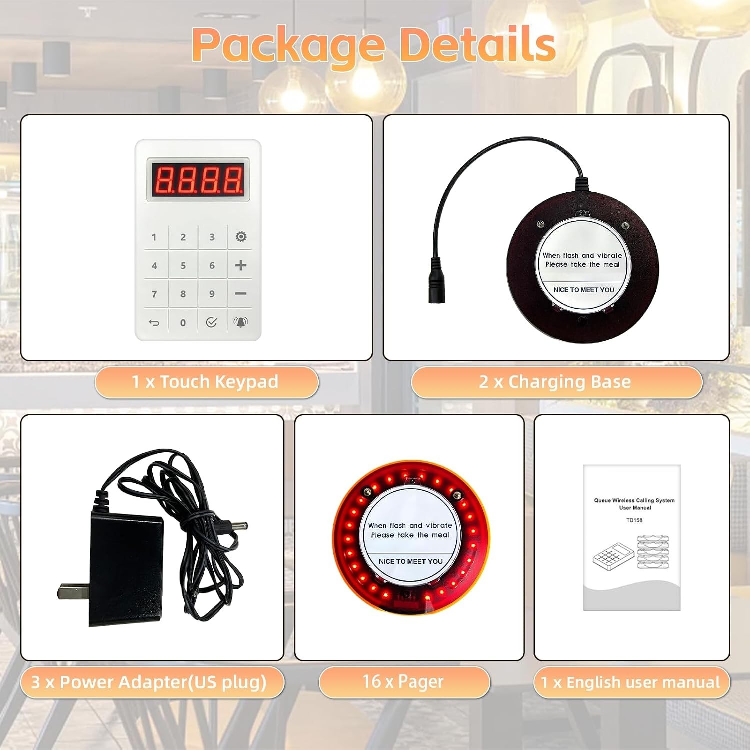 Durable Rechargeable Restaurant Paging System with 16 Buzzers and Charging Bases