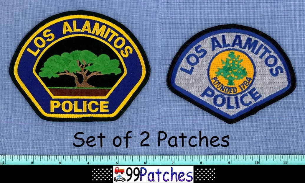 LOS ALAMITOS (2 Patches LOT OLD+) CALIFORNIA Police Shoulder Patch TREE 8J