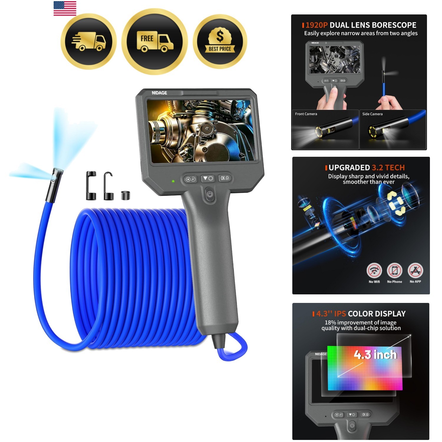 Dual Lens Borescope Inspection Camera 1920P HD Endoscope Camera with Light, 4...