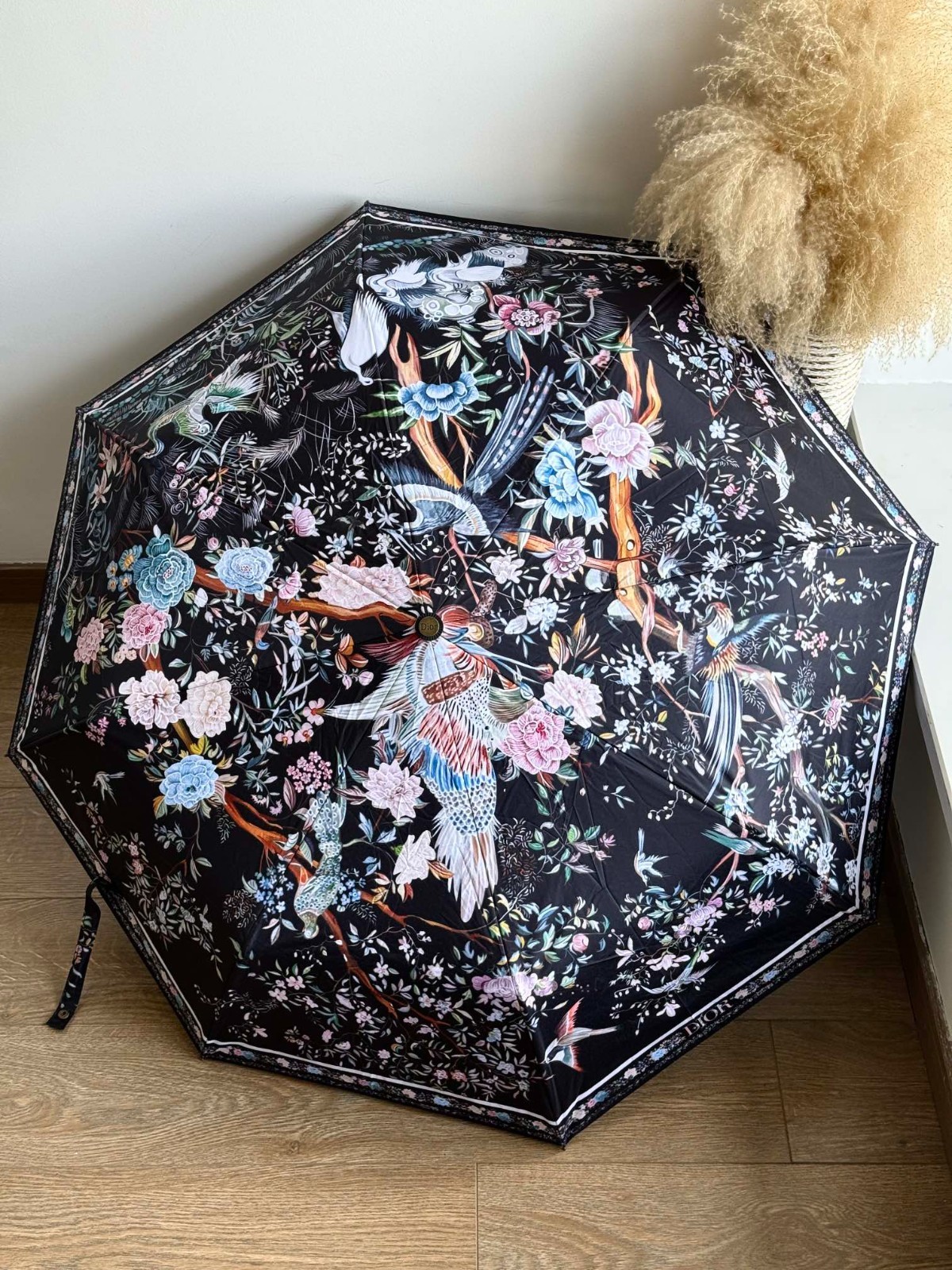 Authentic Christian Dior Jardin d'Hiver Umbrella - Black Floral Bird Print