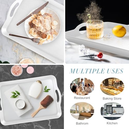 2PC White Serving Trays with Handles, 16 x 11.2 inch Rectangular Non Skid