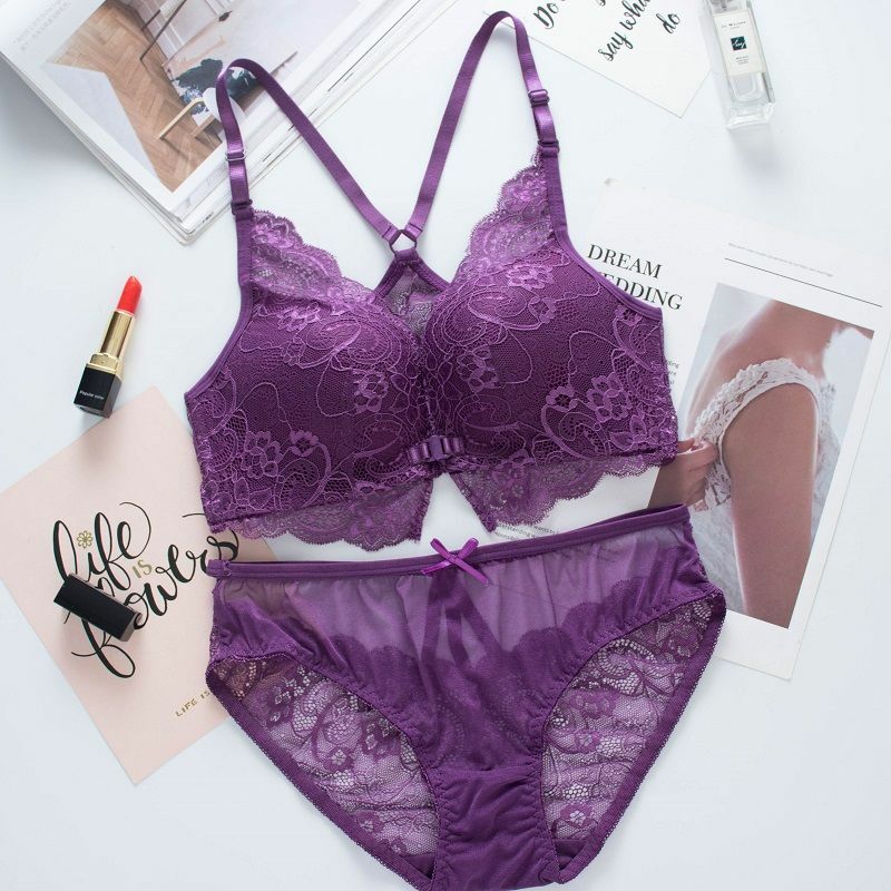 Women Lace Lingerie Bra Underwear Set Babydoll Sexy Nightie Sleepwear Purple 42C