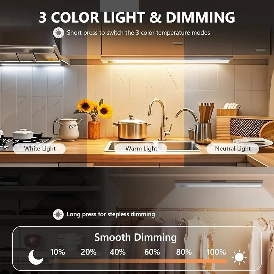 2-12 Pack LED Under Cabinet Lights, Rechargeable Motion Sensor, 3 Color Dimmable