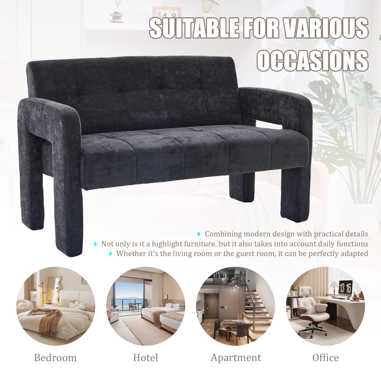 Nordic Modern Double Armchair Loveseat Sofa Chenille Black