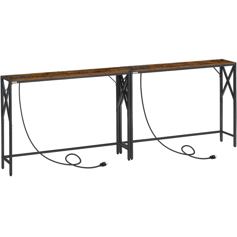 Narrow Sofa Table with Charging Station, 2 Pack Skinny Console Table, Slim