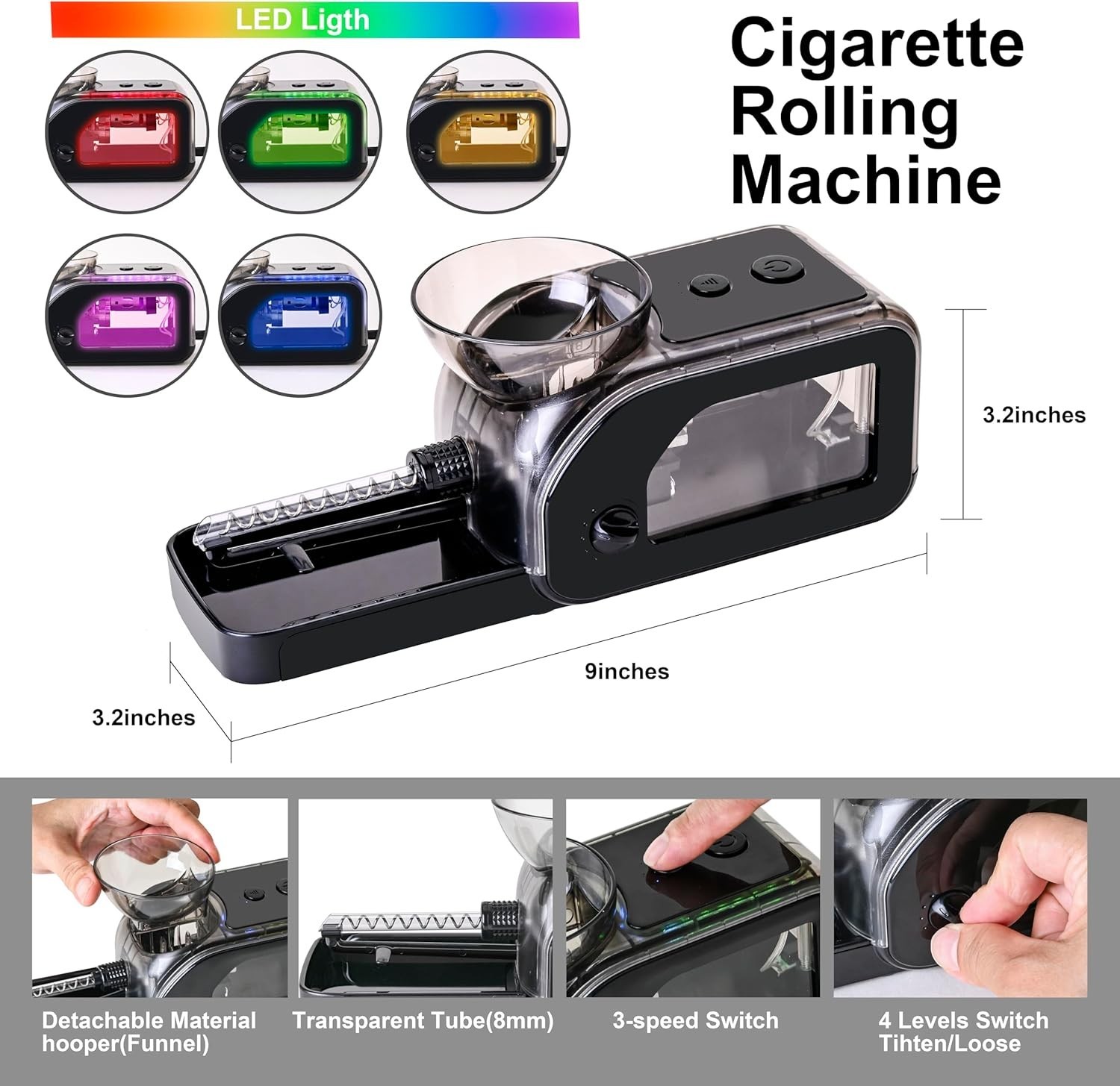 Electric Cone Rolling Machine Set with Grinder & LED Light
