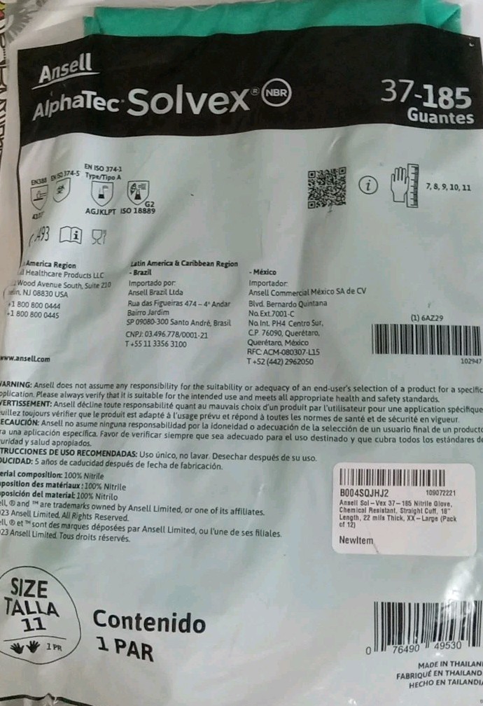 Ansell AlphaTec Solvex 37-185 Chemical Resistant Gloves 1 Pair Size XX-Large 2XL