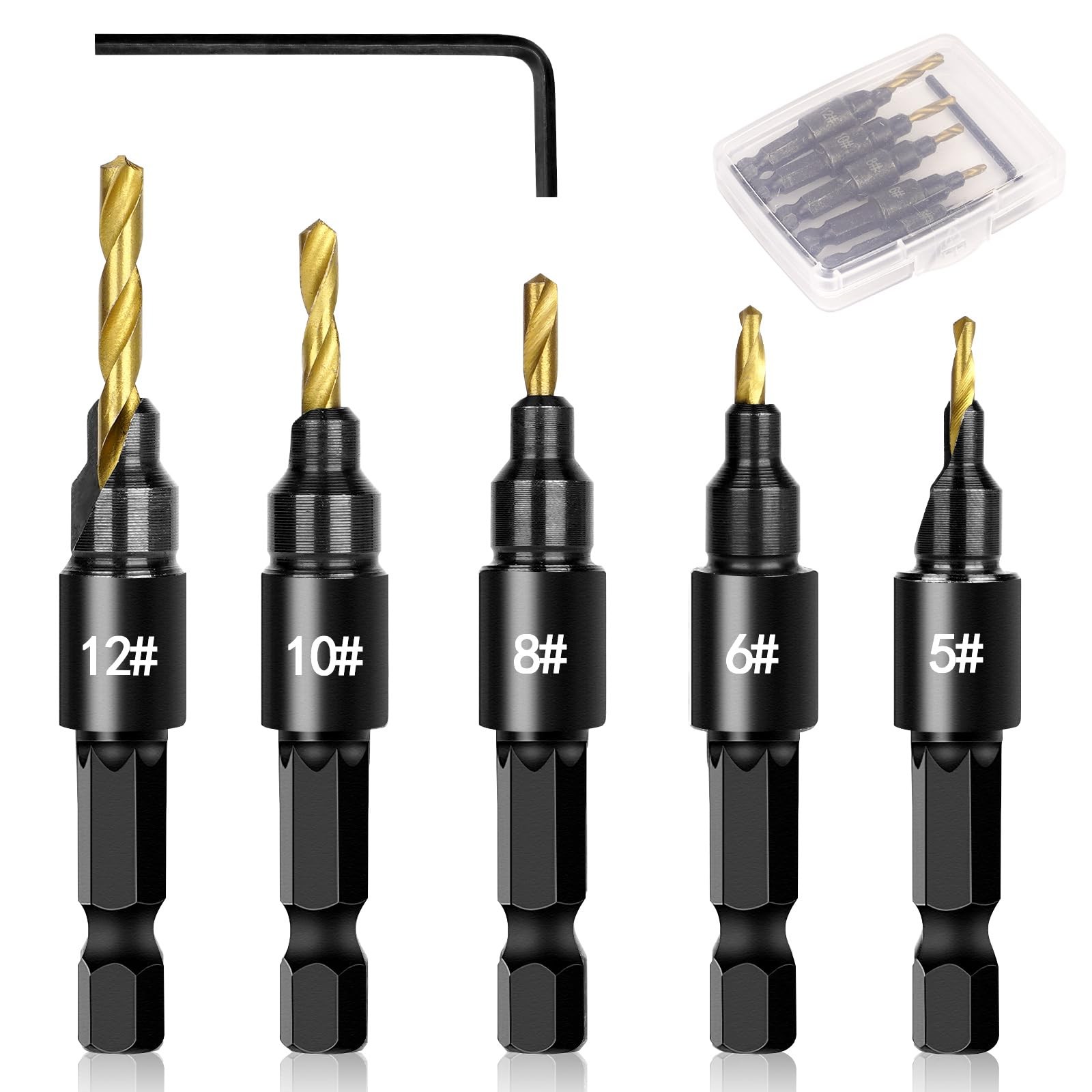 Countersink Drill Bit Set 5 PCS Adjustable Wooden Drill Bit with Depth Stop