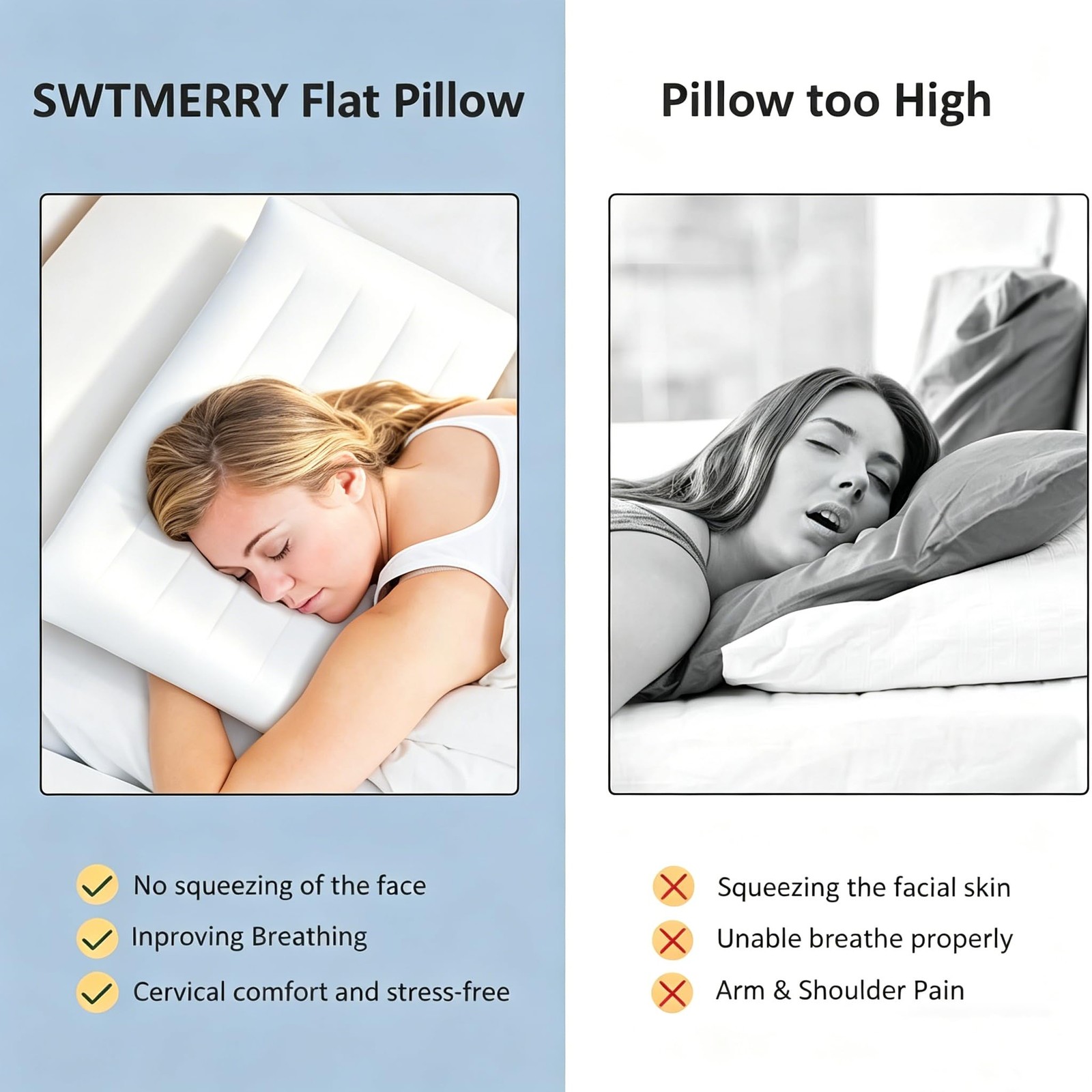 SWTMERRY Flat Pillows for Sleeping Thin, 7D High Standard(1Pack), White