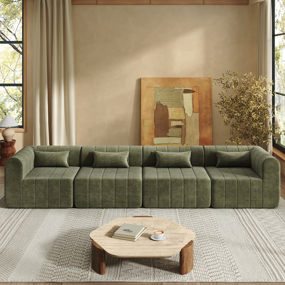 145.5" Modular Sectional Sofa w/4 Pieces, Green Polyester Fabric