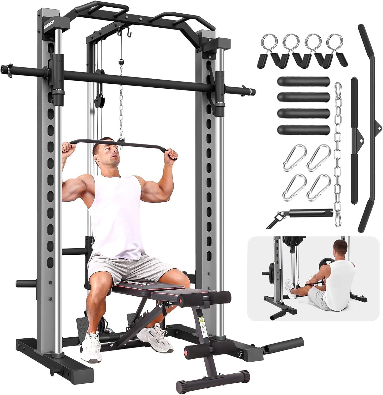 All in One Smith Machine Multi-Functional Power Rack with LAT-Pull Down System🔥