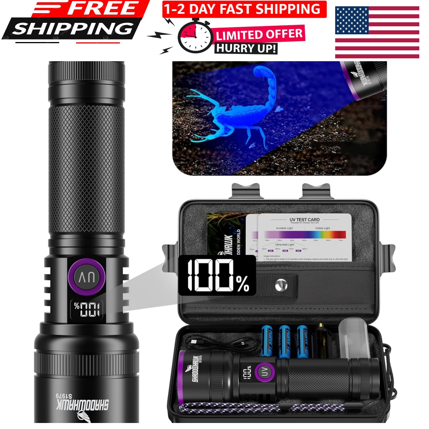 365nm UV Flashlight with Filter Lens - 30w Powerful Black Light