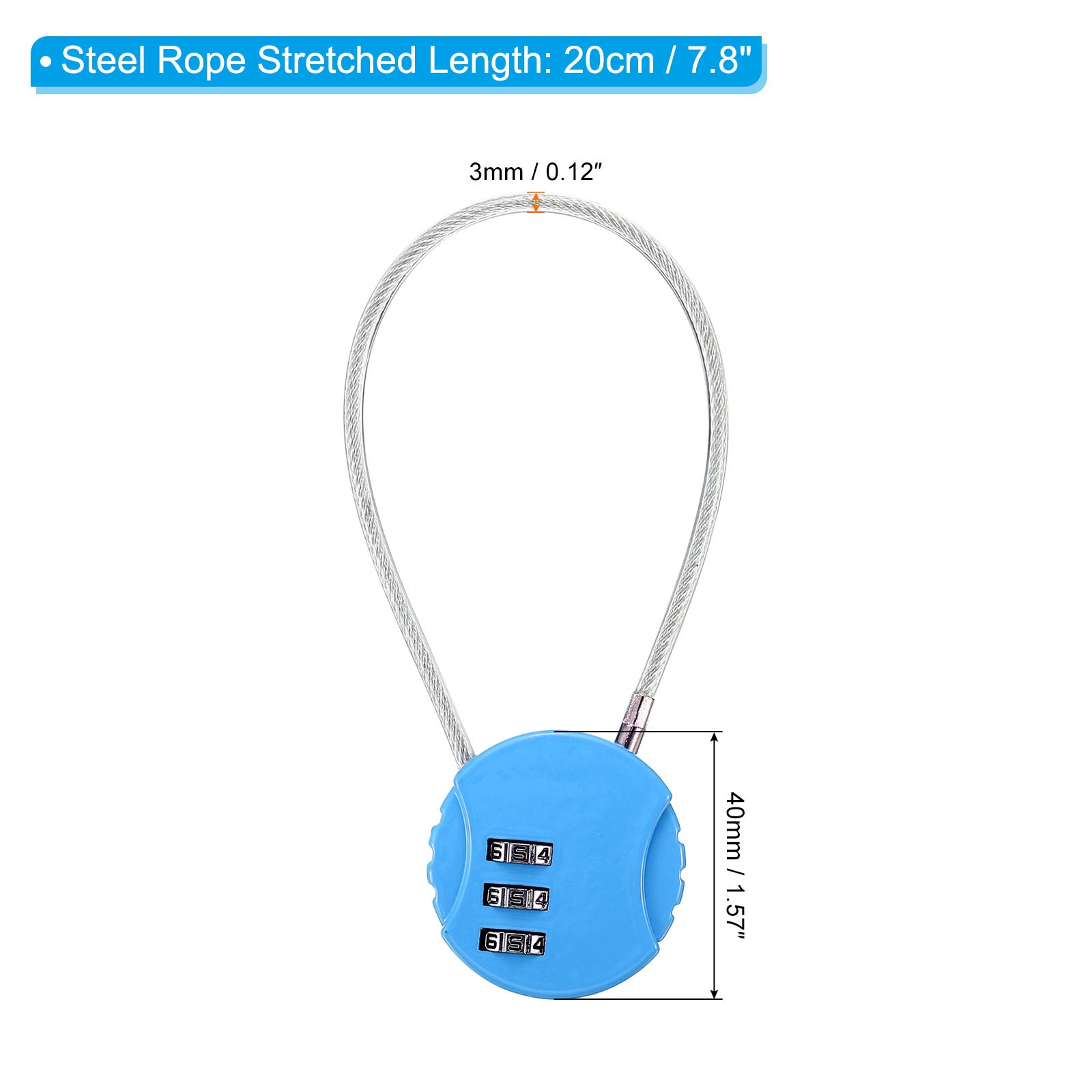 Small Combination Block 7.8", 3pc 3 Digit Luggage Lock, Clear Blue