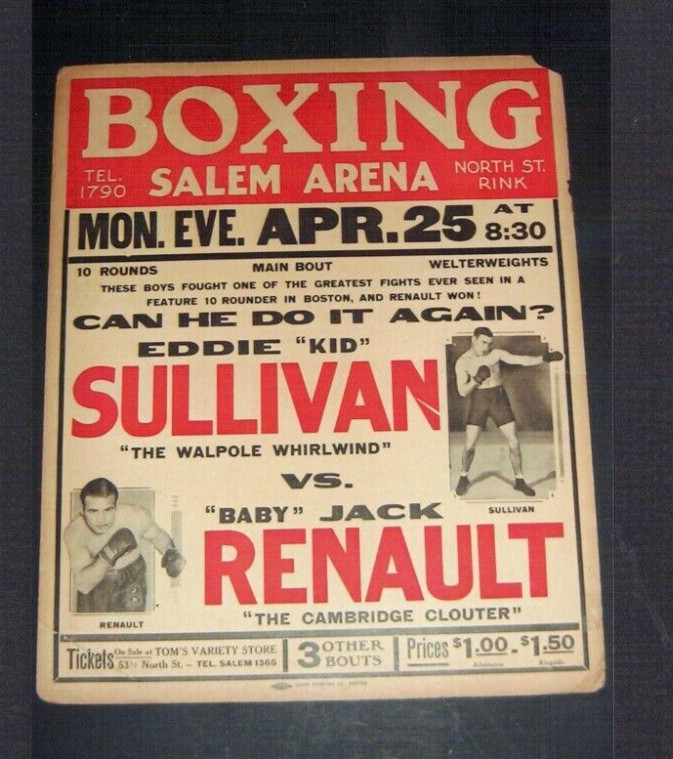 RARE 1932 SULLIVAN vs JACK RENAULT boxing poster SALEM MASS CHAPDELAINE SETTINO