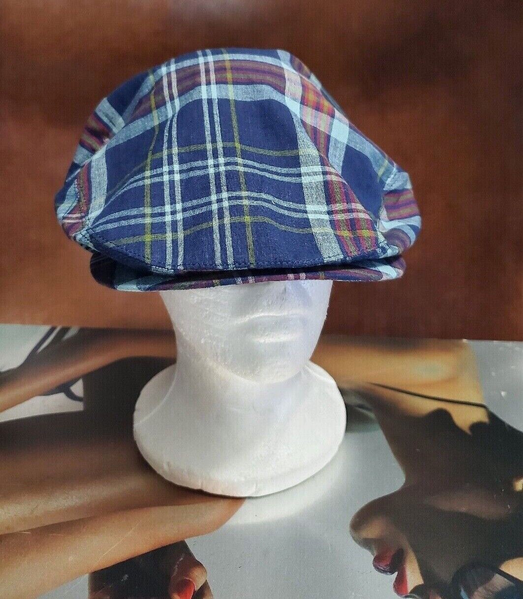 POLO RALPH LAUREN BLUE MADRAS PLAID COTTON MENS CABBIE/DRIVER HAT (SM, L/XL) NWT