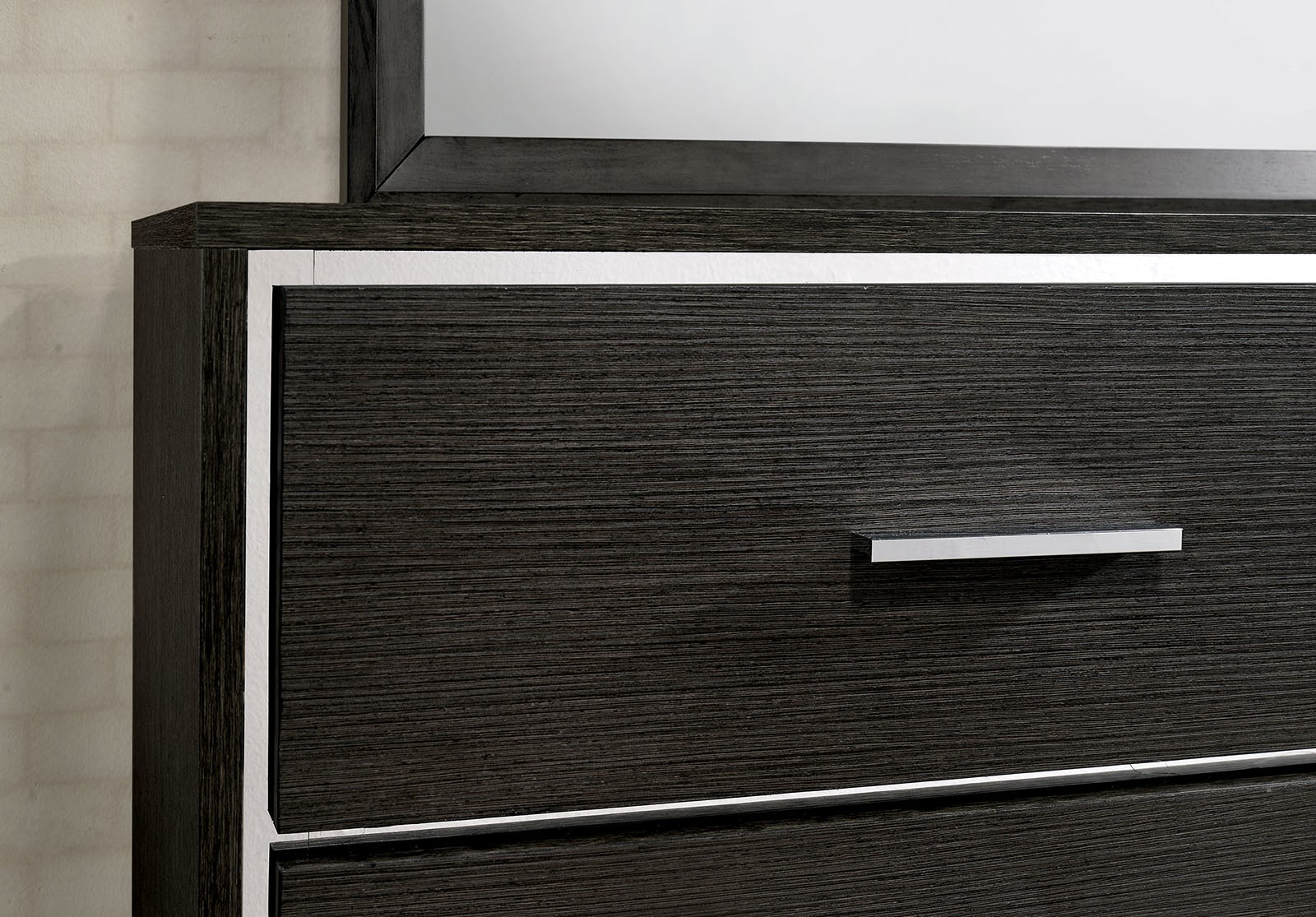 1x Nightstand Solid wood Warm Gray Sleek Modern Lines Chrome Trim Insert