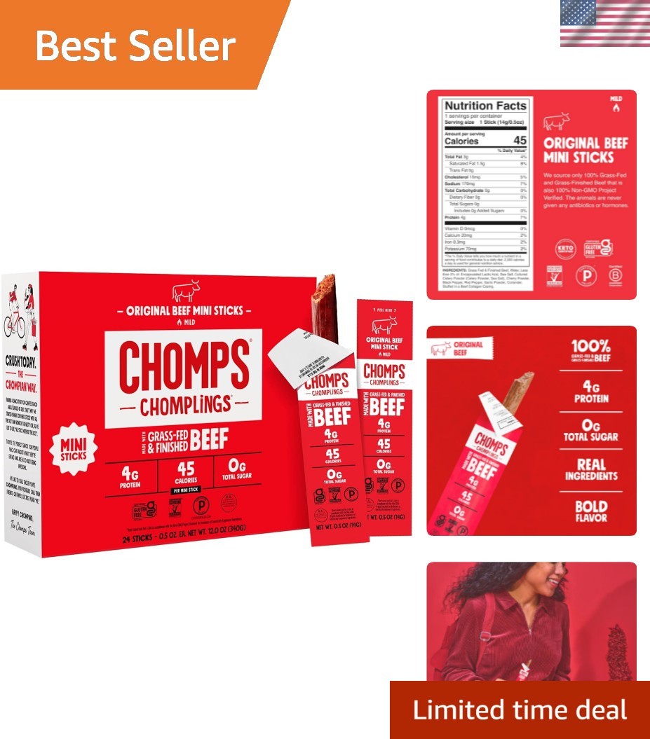 Grass-Fed Jerky Snack Sticks 0.5oz - 24-Pack with 4g Lean Protein & Zero Sugar