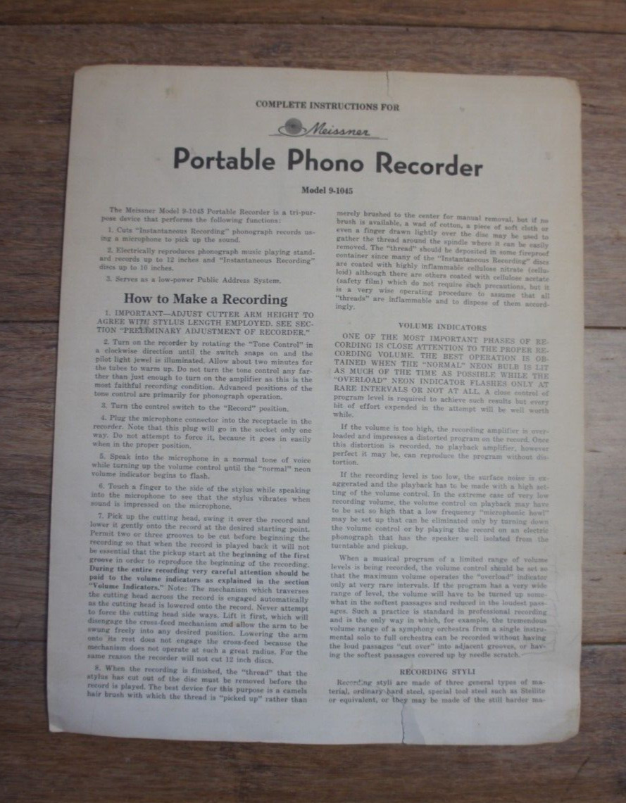 Vintage Complete Instructions for MEISSNER Portable Phone Recorder Model 9-1045
