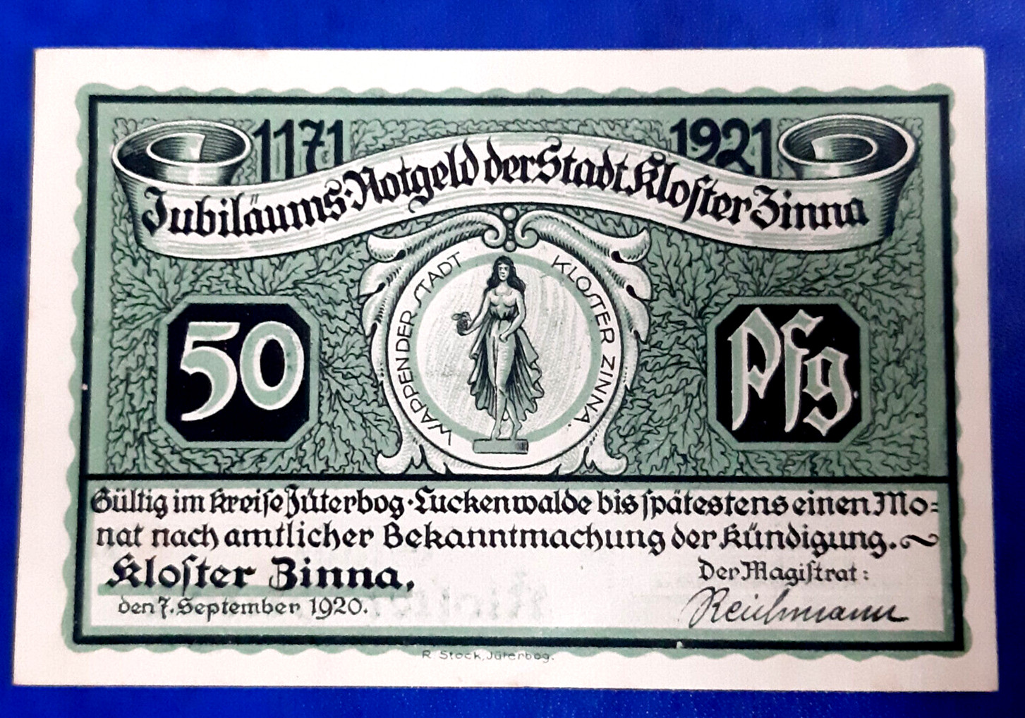 KLOSTER ZINNA NOTGELD 50 PFENNIG 1920 EMERGENCY MONEY GERMANY BANKNOTE (26697)