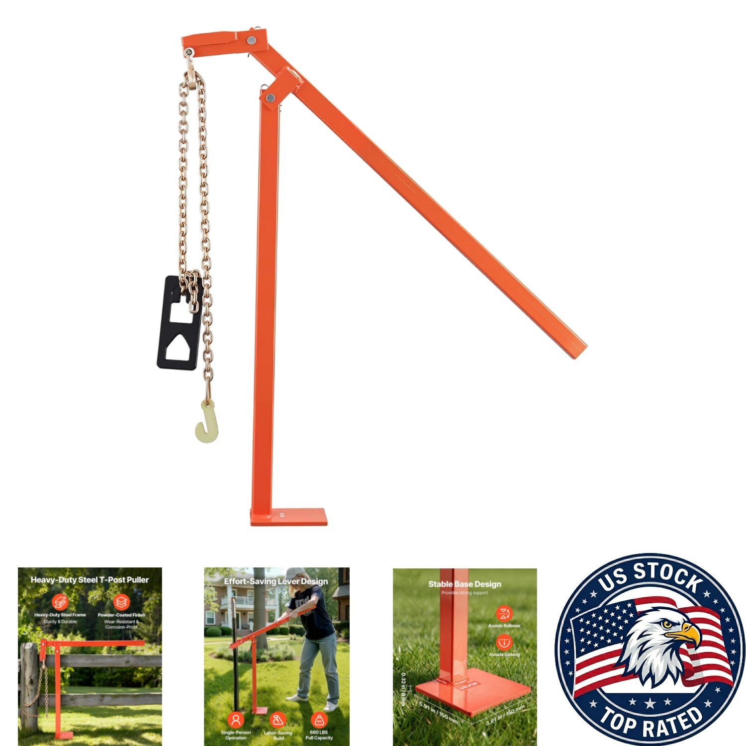 Efficient 36" T Post Puller Tool with Wide Base - Perfect for Stumps & Posts