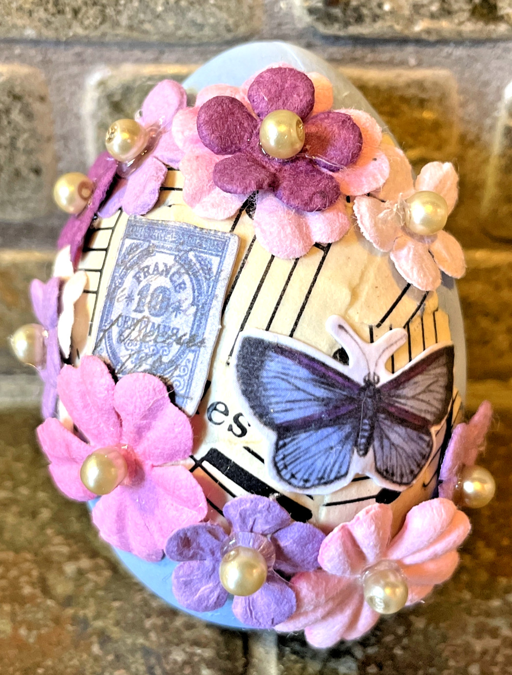 Easter Egg Custom Design W/Paper Flowers/Pearls Pretty Painted/Decoupaged