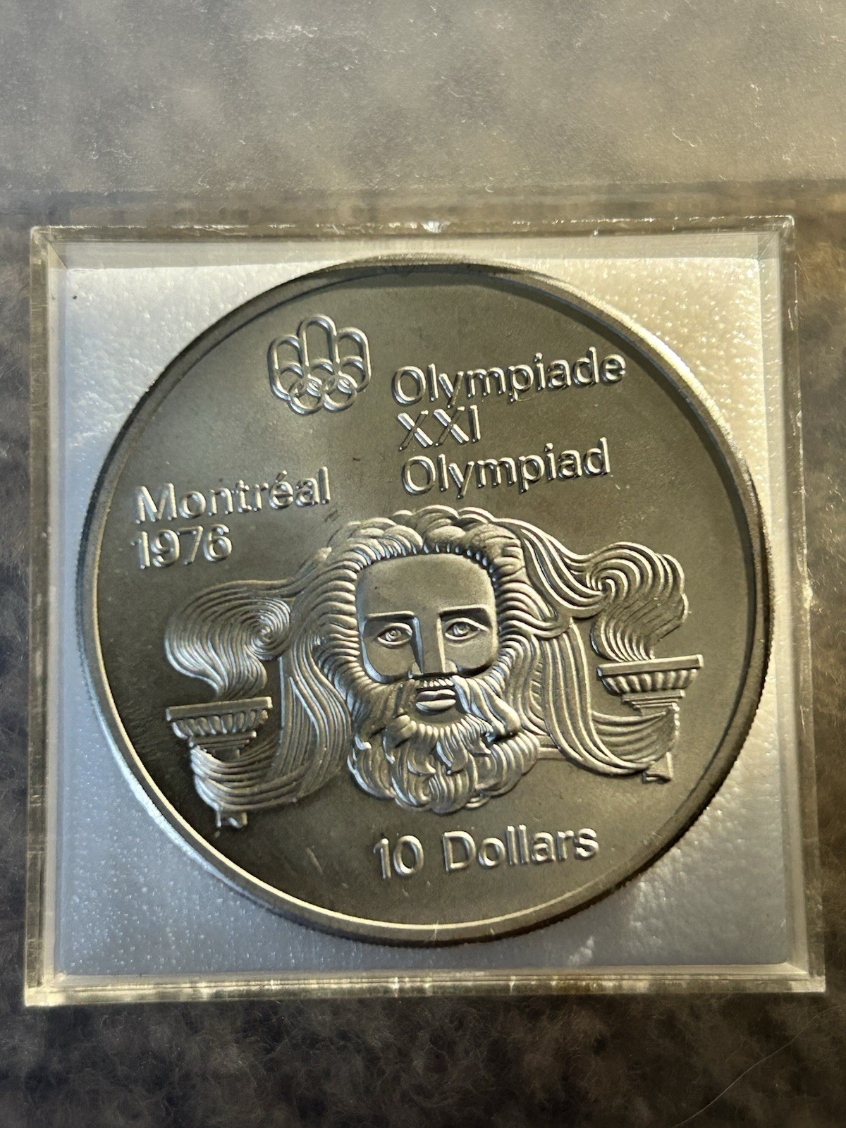 Montreal 1976 Olympics "Head of Zeus" .925 Fine Silver 1.44 Troy oz $10 Coin.