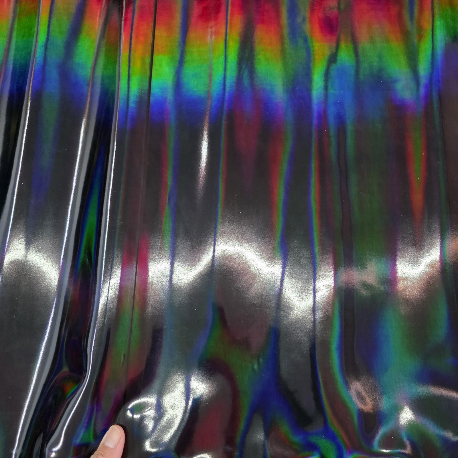Color Black Iridescent Cow Patent Leather: Holographic Rainbow Glossy Metallic
