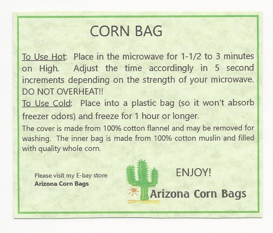 CORN Heating Bag w/WASHABLE Cover 10" x 12" Sectioned~ LOWER BACK~100% Natural!