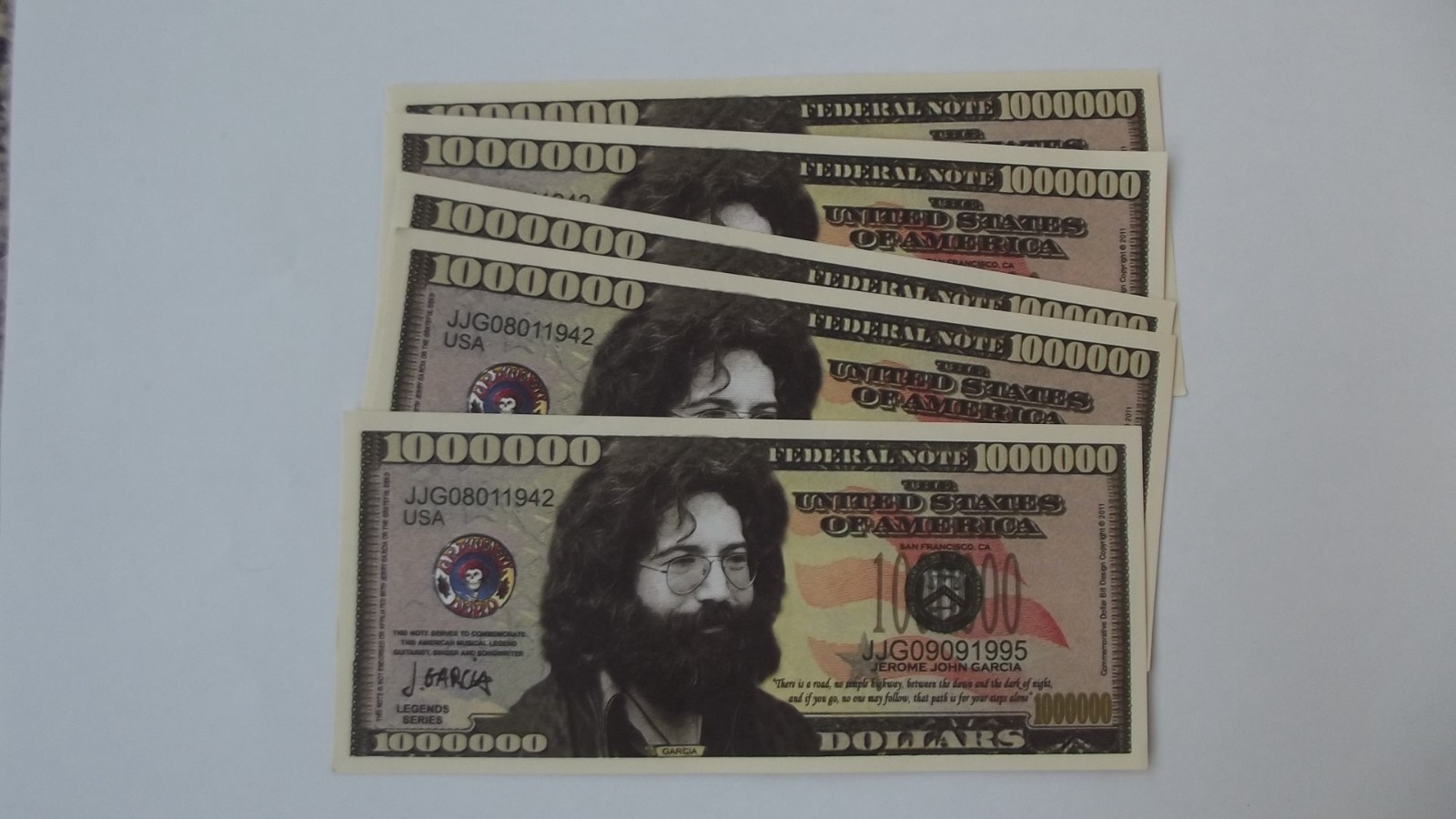 Jerome John Jerry Garcia One Million Dollar Bills x 5 Novelty grateful Dead