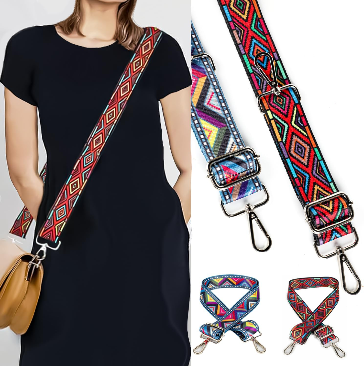 2 PCS Purse Strap, 1.5" Wide Shoulder Strap Adjustable Replacement Retro Multi-p