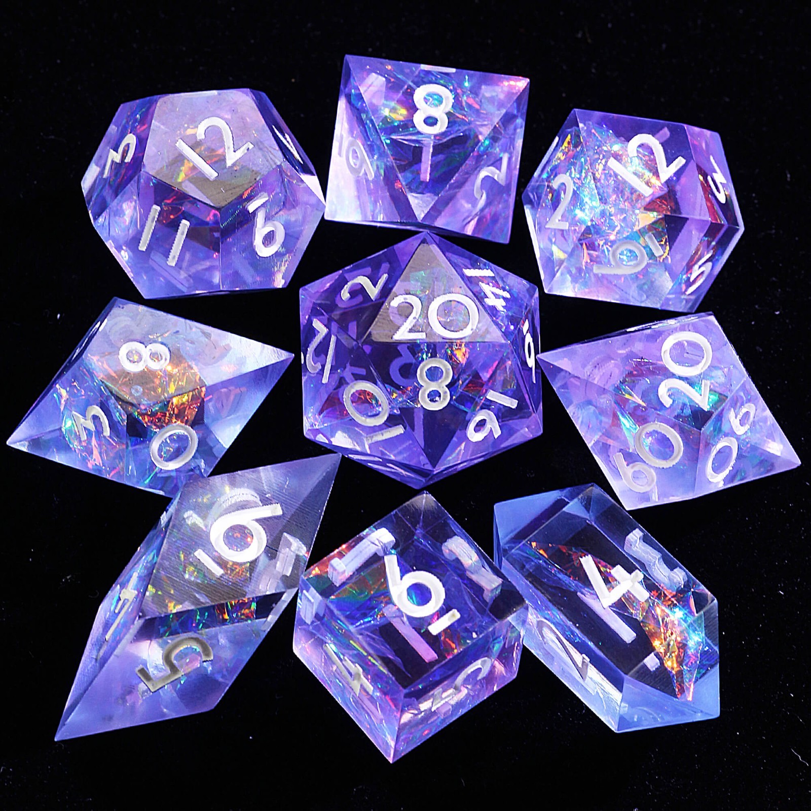 9 Polyhedral Resin Sets of Dice DD Lavender Holograph for Dungeons Dragons RPG