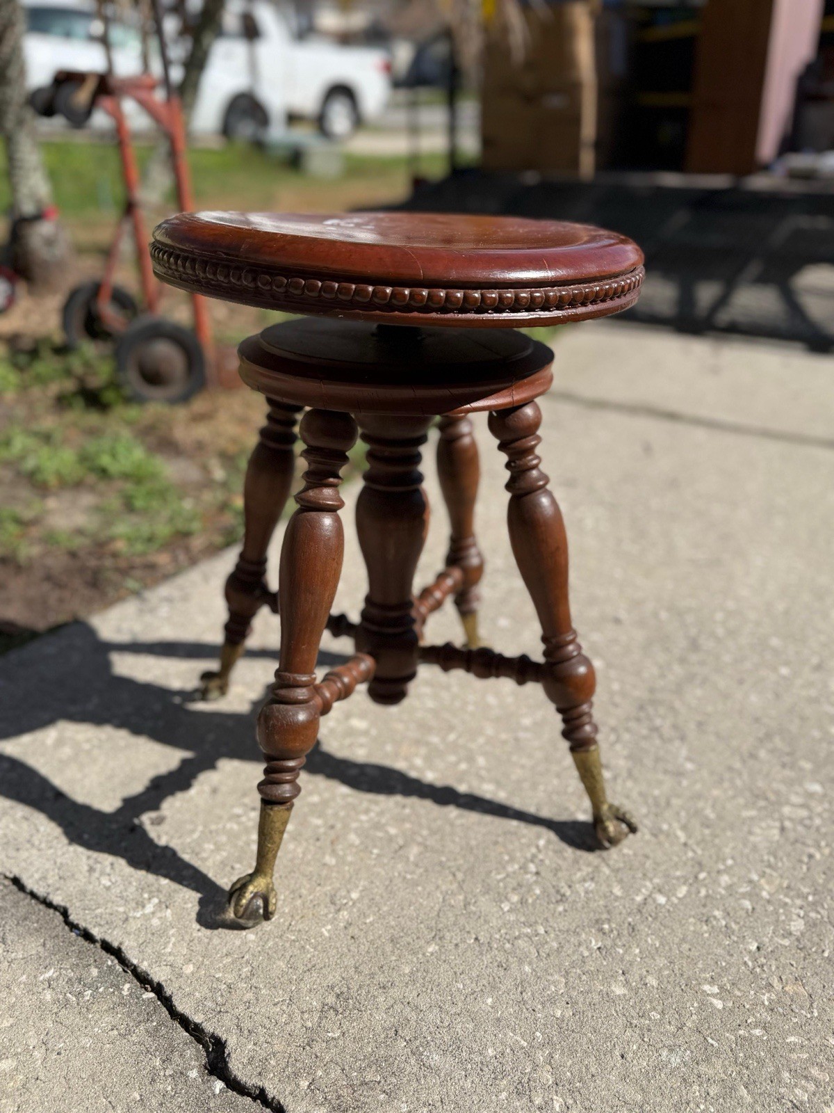 Vintage Adjustable Piano Stool Wooden Seat with Claw Feet Glass Ball