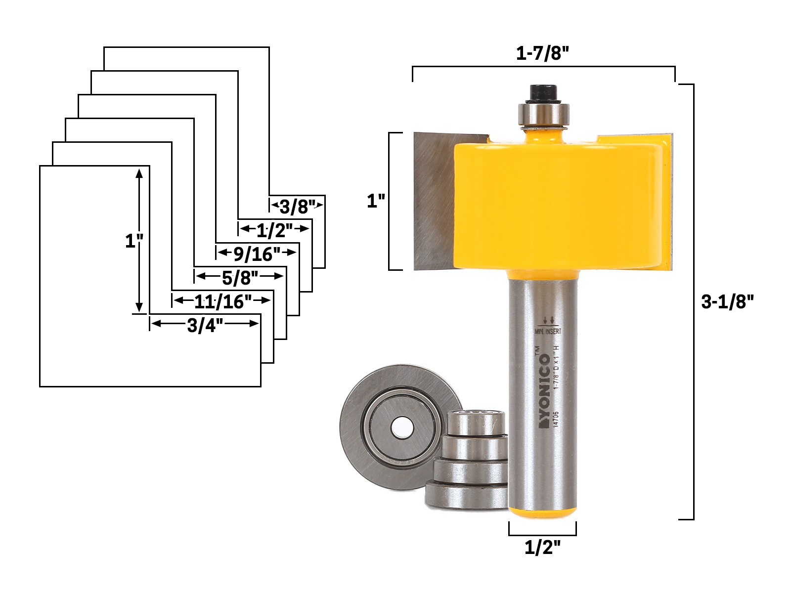 Rabbet Router Bit & Bearing Set - 1/2" Shank - Yonico 14706
