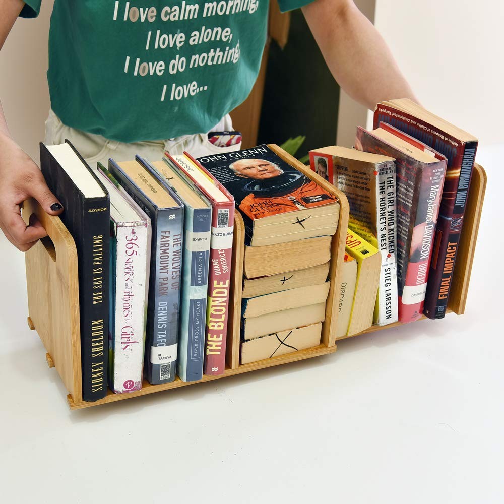 WELLAND Bamboo Desktop Bookshelf Small Book Rack Adjustable Desk Storage Orga...