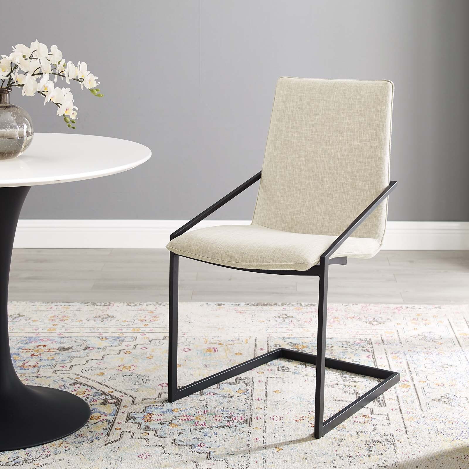 Modway Pitch Fabric Upholstered Dining Armchair in Black Beige