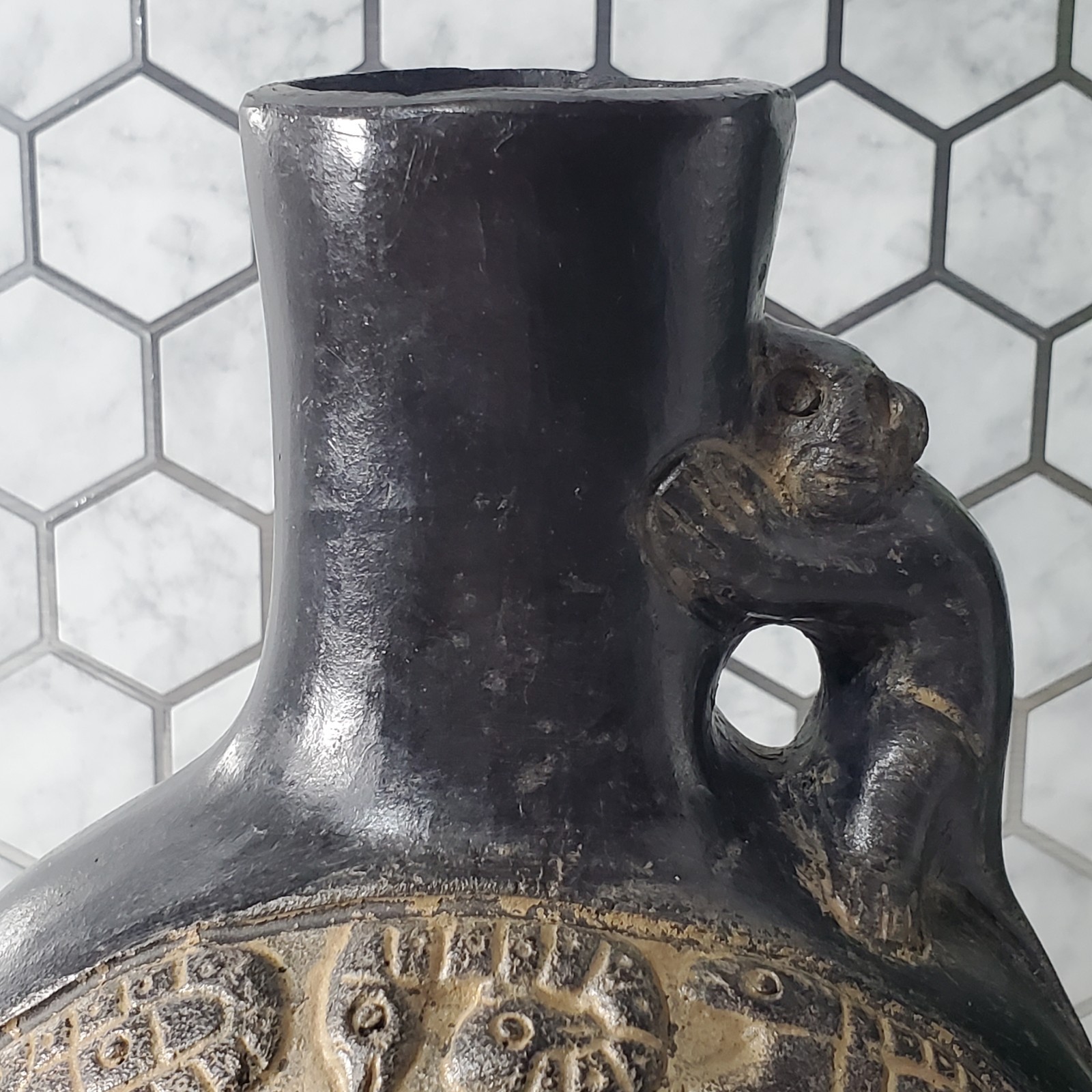 Pre Columbian Chimu Peruvian Blackware Serpent Monkey Vessel Replica